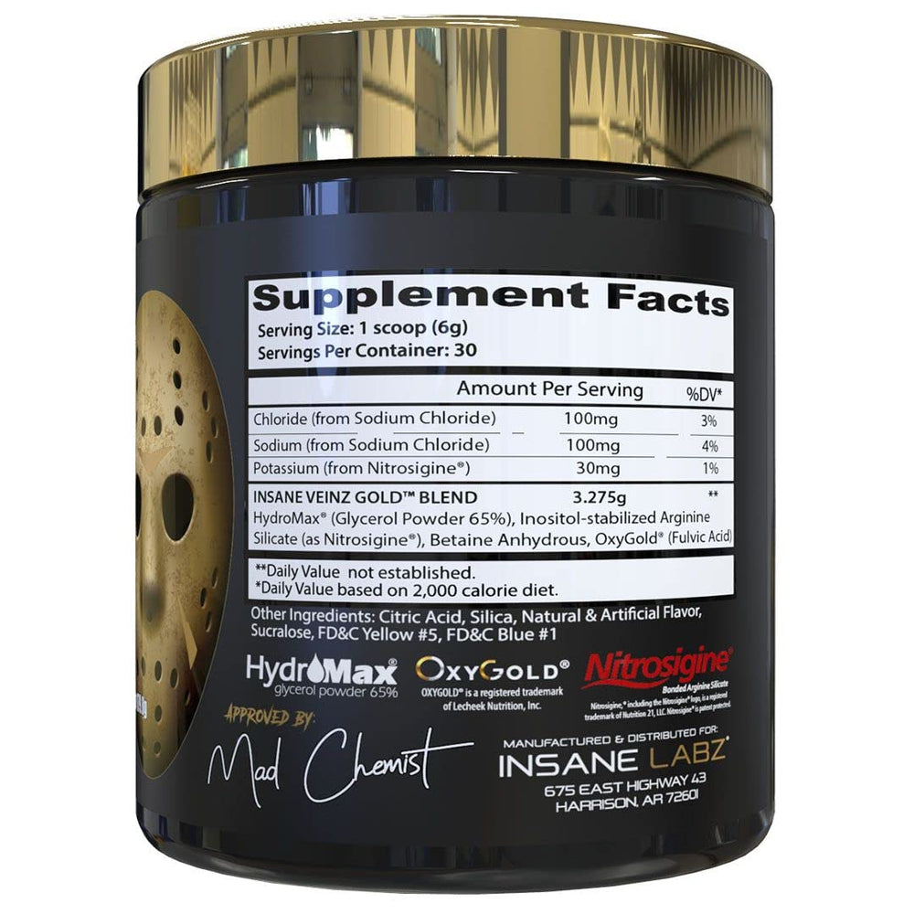 Close-up of Insane Veinz Gold label highlighting Hydromax and Nitrosigine.