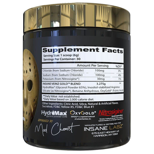 Close-up of Insane Veinz Gold label highlighting Hydromax and Nitrosigine.