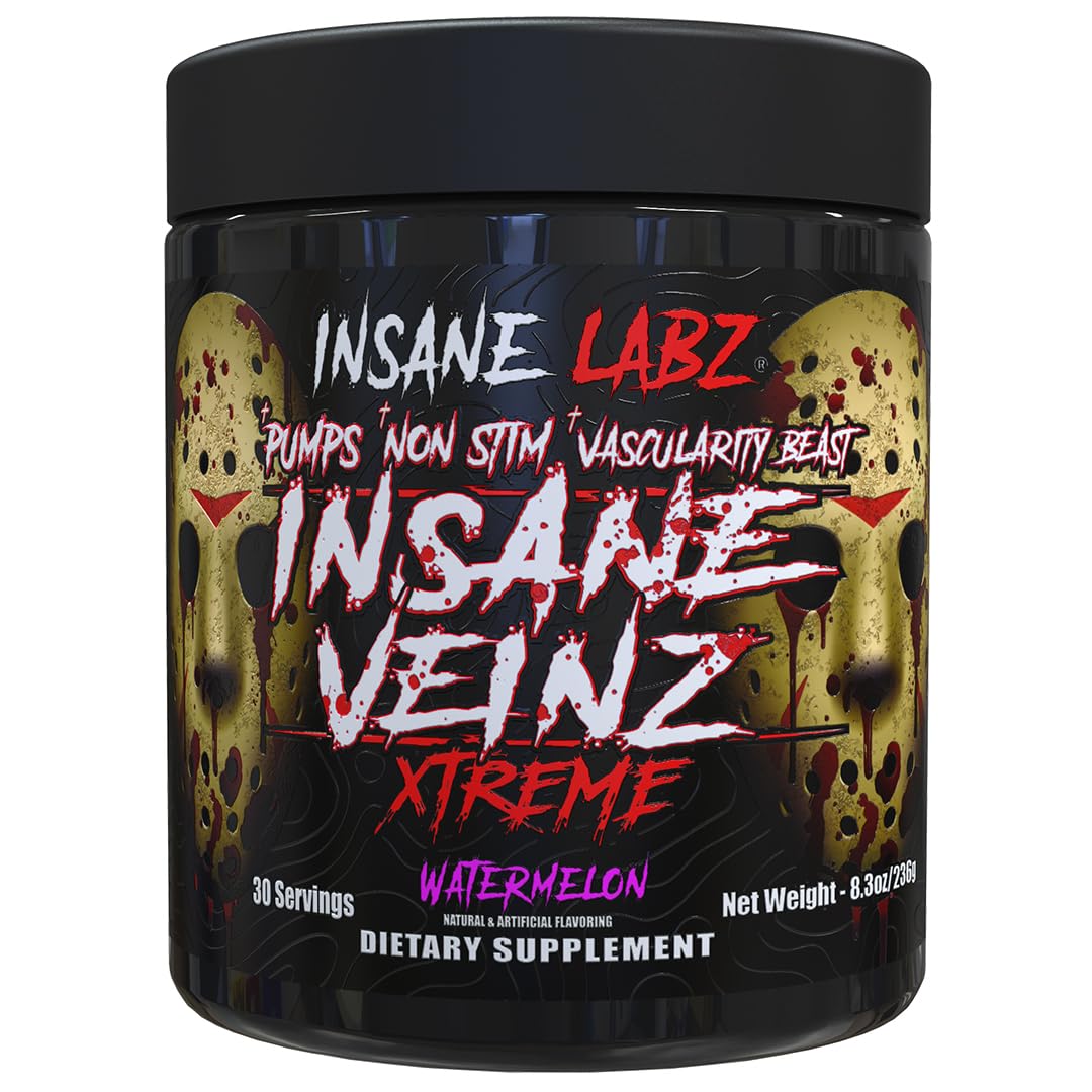 Insane Labz Insane Veinz Xtreme bottle front, highlighting non-stimulant nitric oxide support for vascular pumps.
