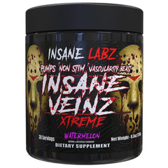 Insane Labz Insane Veinz Xtreme bottle front, highlighting non-stimulant nitric oxide support for vascular pumps.