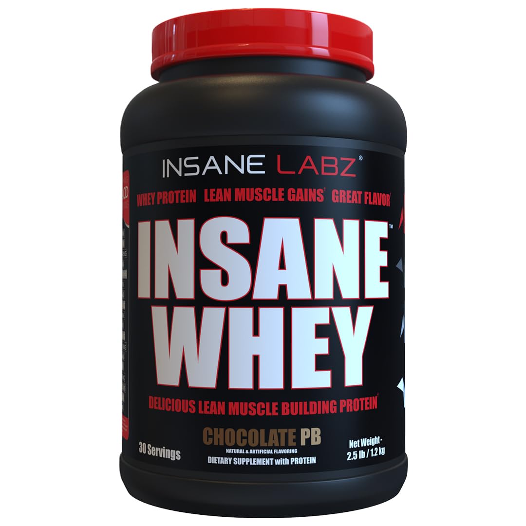 Insane Labz Insane Whey bottle in chocolate peanut butter flavor for lean muscle support.