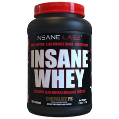 Insane Labz Insane Whey bottle in chocolate peanut butter flavor for lean muscle support.