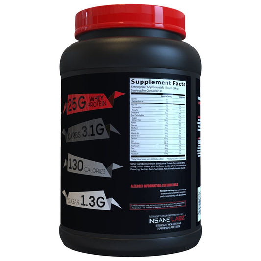 Insane Labz Insane Whey birthday cake flavor scoop highlighting tasty post-workout option.