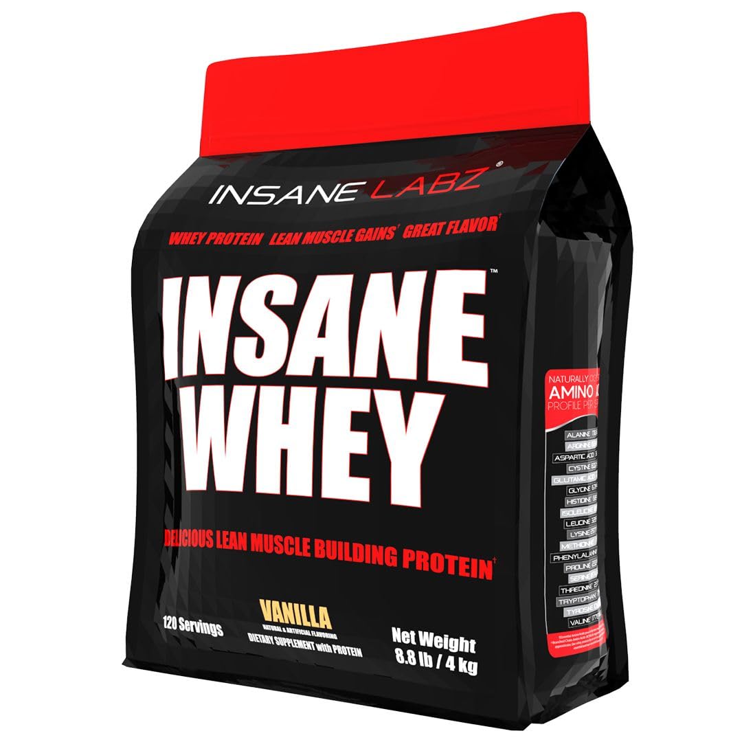 Insane Labz Insane Whey vanilla powder in a bag for convenient protein fueling.