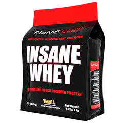 Insane Labz Insane Whey vanilla powder in a bag for convenient protein fueling.