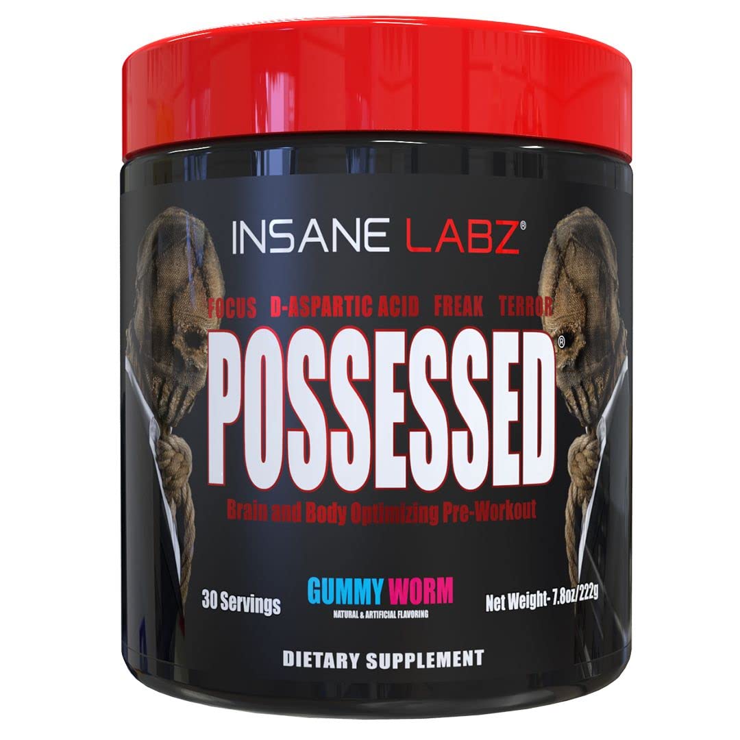 Insane Labz Possessed powder tub showing low-stimulant pre-workout formula for focused training.