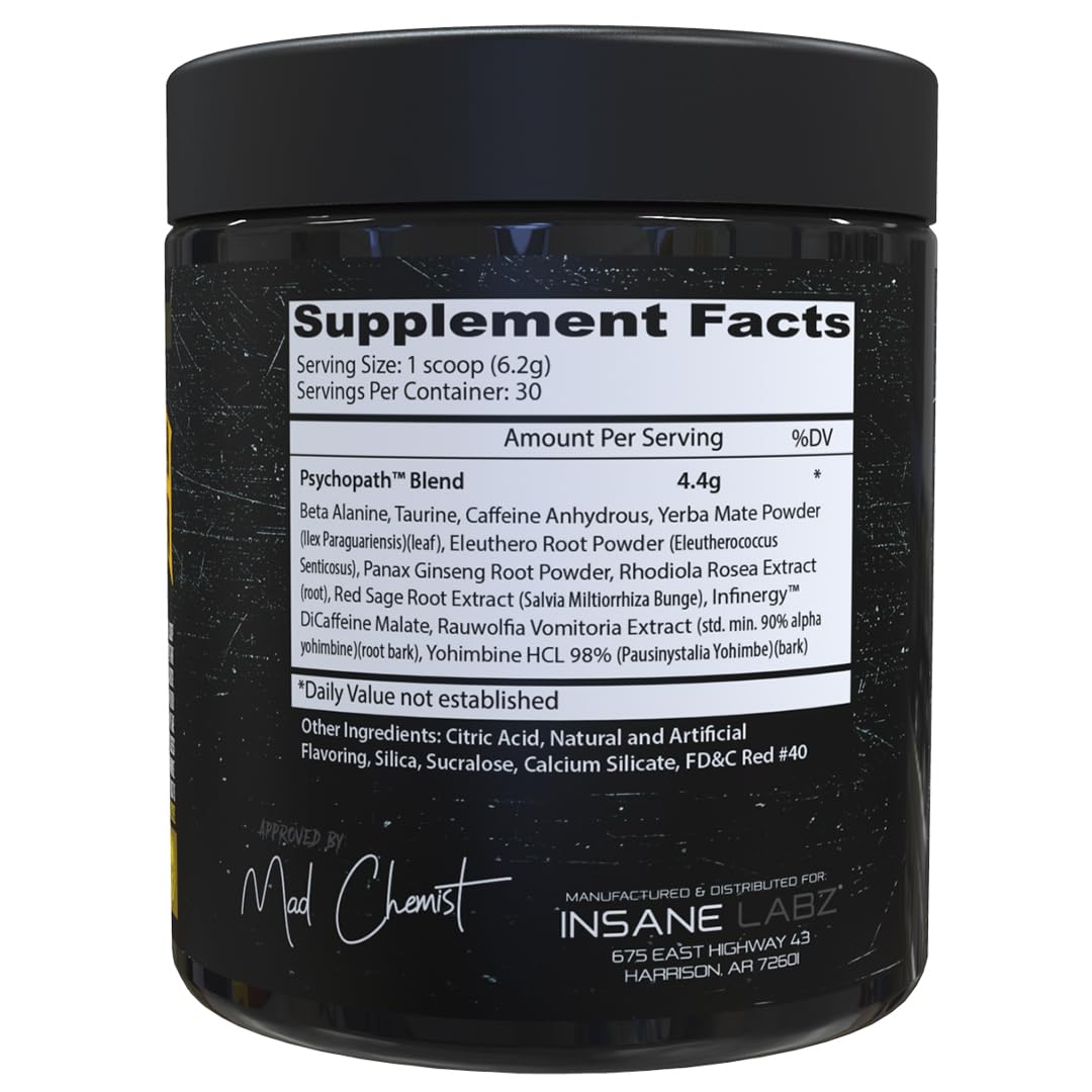 Insane Labz Psychopath label highlights ingredients for stamina and performance.