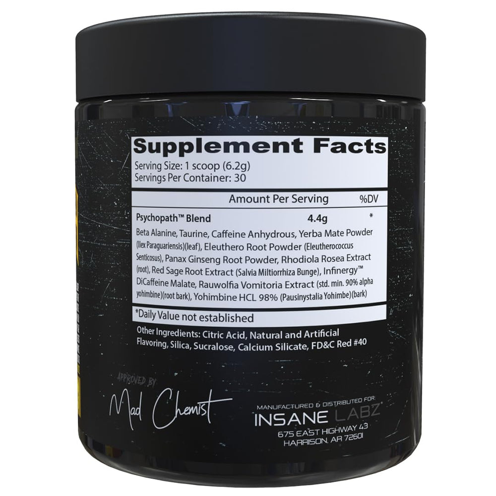 Insane Labz Psychopath label highlights ingredients for stamina and performance.