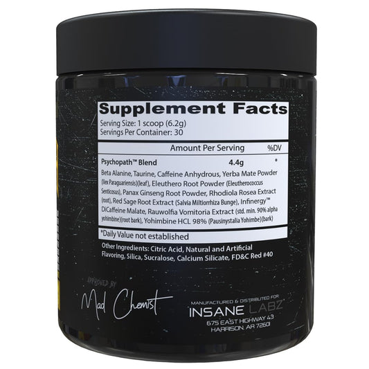 Insane Labz Psychopath label highlights ingredients for stamina and performance.