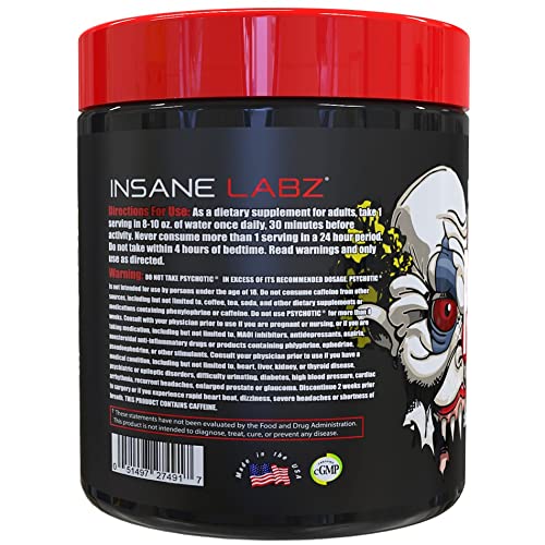 Close-up of the Psychotic blue raspberry label on the tub.