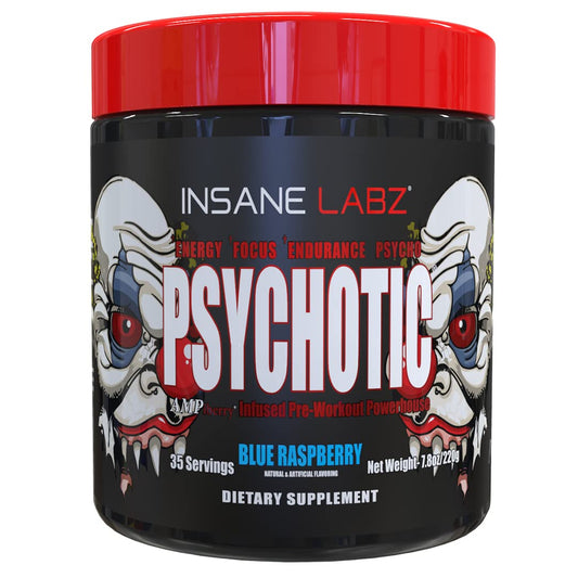 Insane Labz Psychotic blue raspberry tub showing the product in a gym setting for lasting energy during workouts.