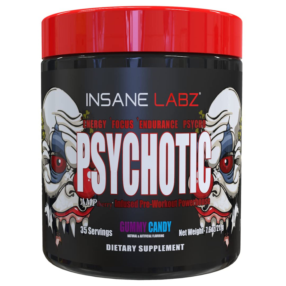 Insane Labz Psychotic bottle close-up highlighting energy-packed pre-workout formula