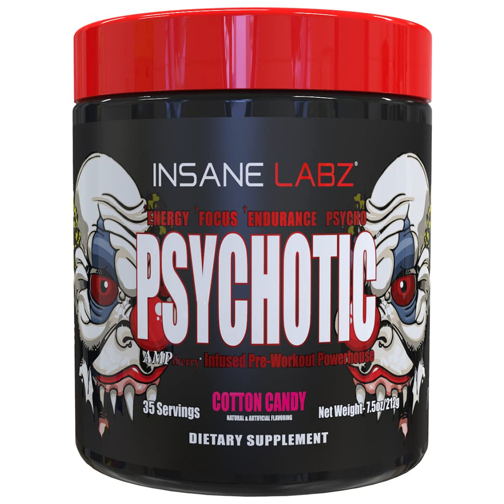 Insane Labz Psychotic container displaying cotton candy flavor for sustained energy