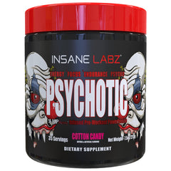 Insane Labz Psychotic container displaying cotton candy flavor for sustained energy