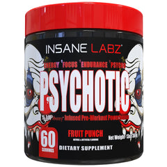 Insane Labz Psychotic fruit punch tub, energizing pre-workout for intense training sessions.