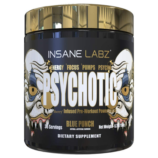 Insane Labz Psychotic Gold blue punch bottle ready for your workout boost.