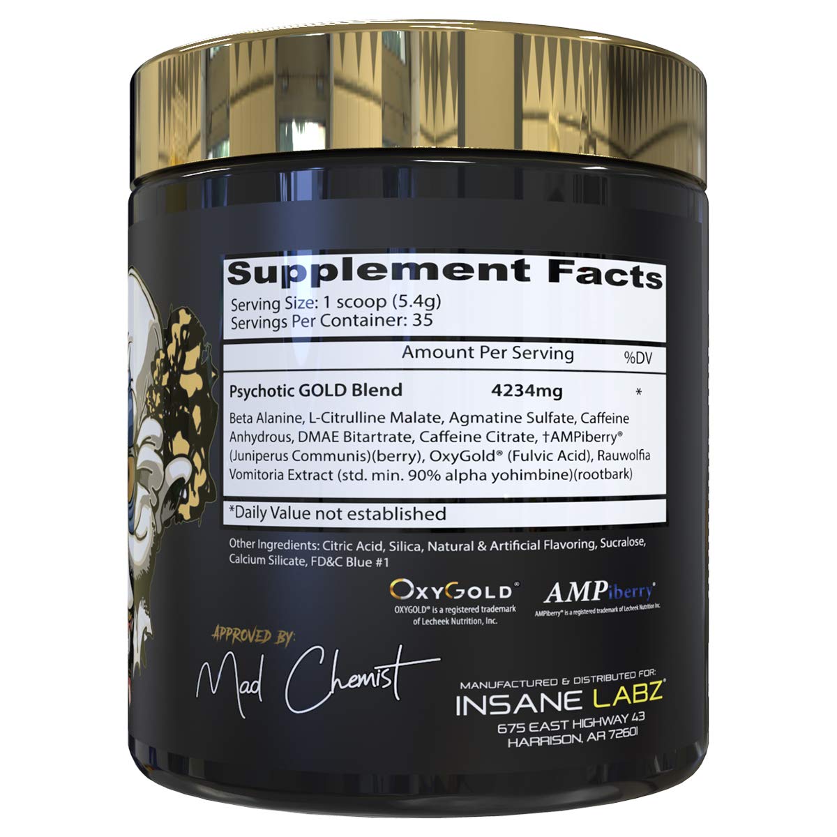 Psychotic Gold blue punch can front highlights flavor and energy.