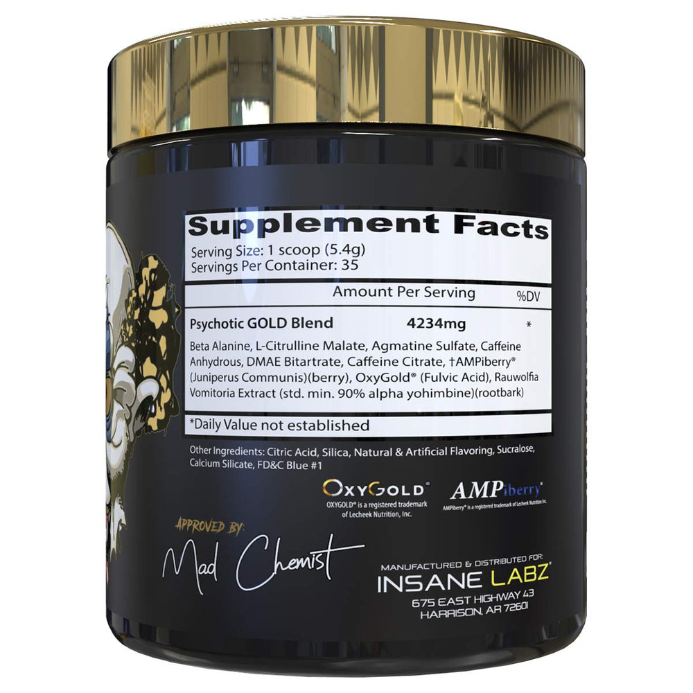 Psychotic Gold blue punch can front highlights flavor and energy.