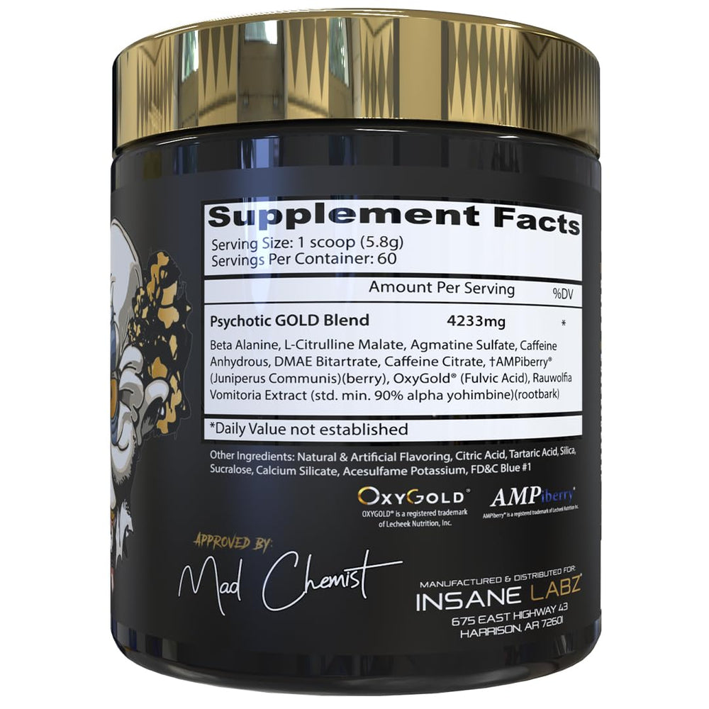 Insane Labz Psychotic Gold bottle back showing ingredients and usage
