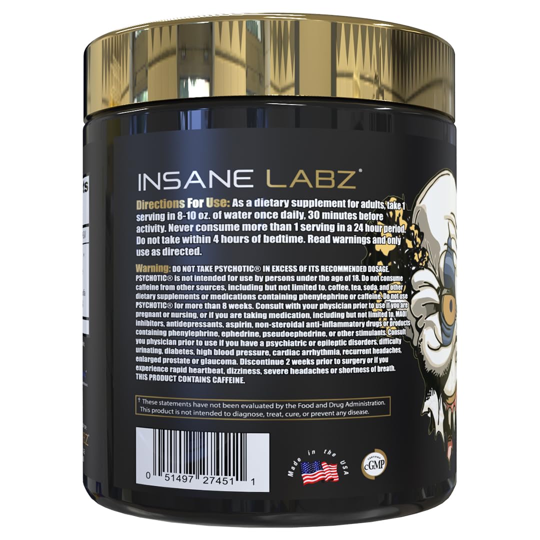Insane Labz Psychotic Gold bottle front emphasizes premium pre-workout aesthetics.