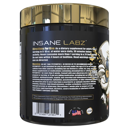 Insane Labz Psychotic Gold bottle front emphasizes premium pre-workout aesthetics.