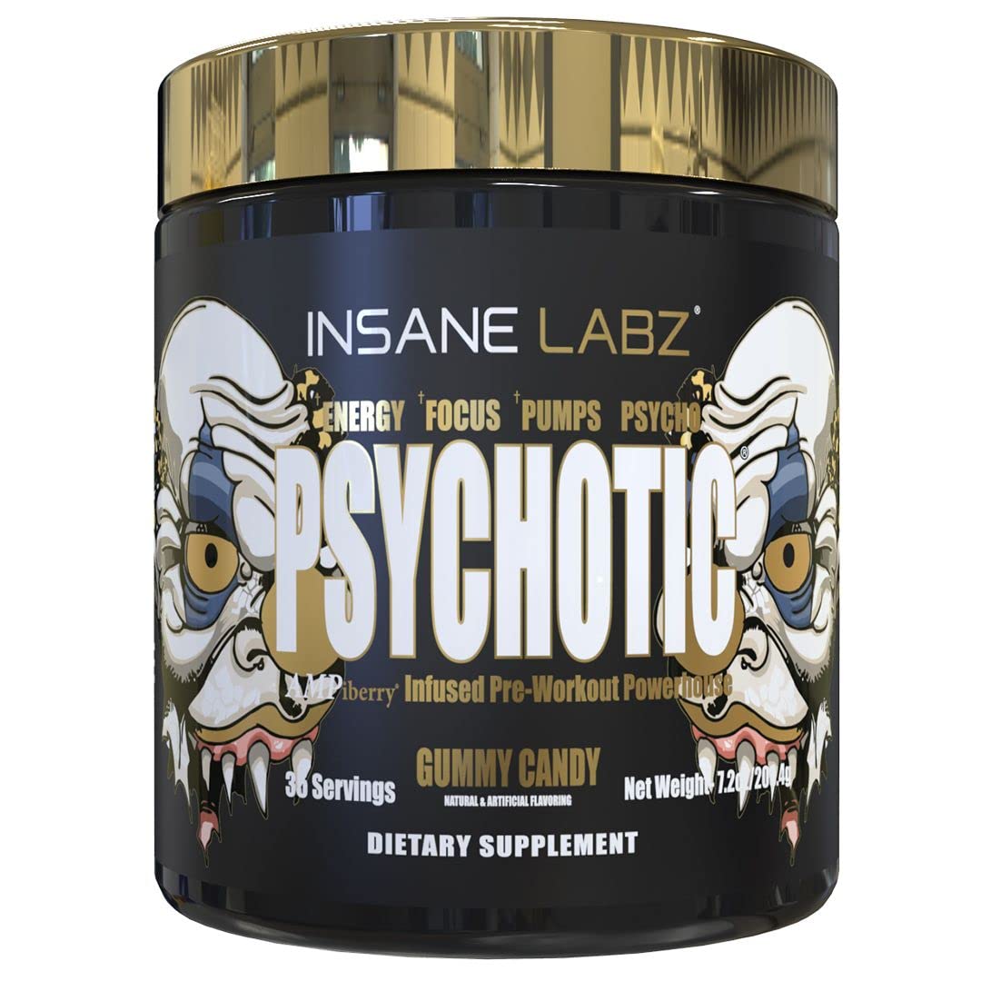 Insane Labz Psychotic Gold bottle front view for high-energy pre-workout
