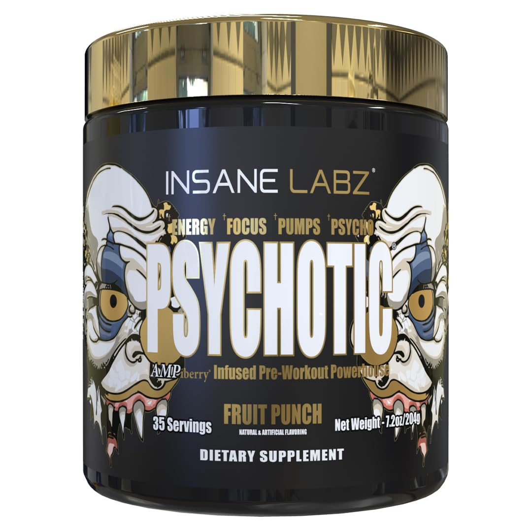Insane Labz Psychotic Gold bottle with pour showing energy-boosting action for workouts.