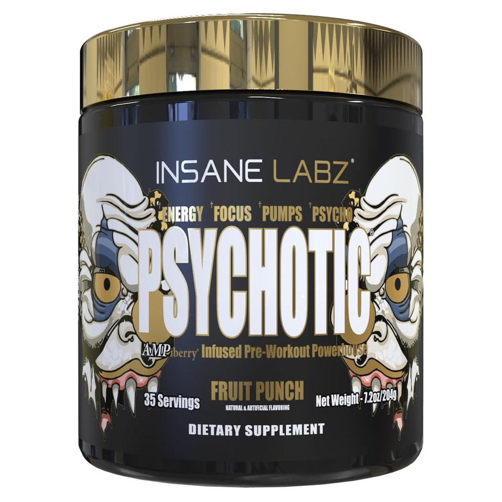 Insane Labz Psychotic Gold bottle with pour showing energy-boosting action for workouts.