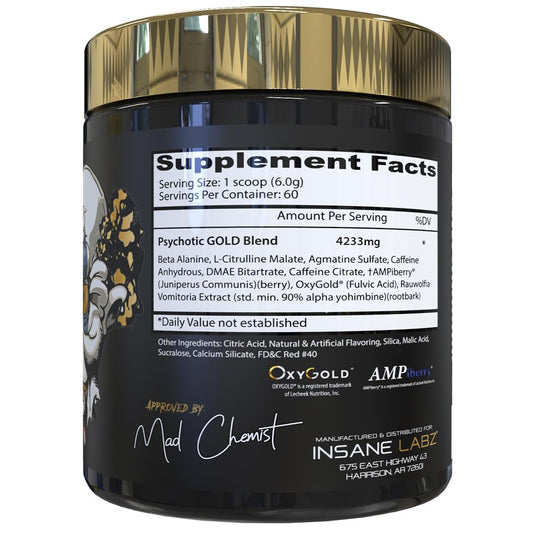 Psychotic Gold bottle with scoop shows convenient pre-workout serving.