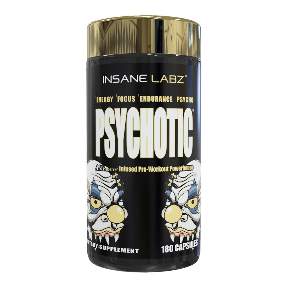 Insane Labz Psychotic Gold capsules closeup showing energy-boosting pre-workout formula.