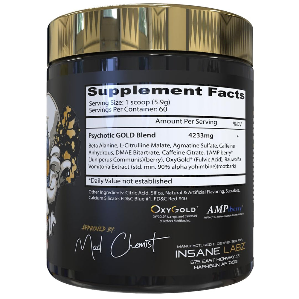 Insane Labz Psychotic Gold label close-up highlighting citrulline and agmatine formula for enhanced pumps