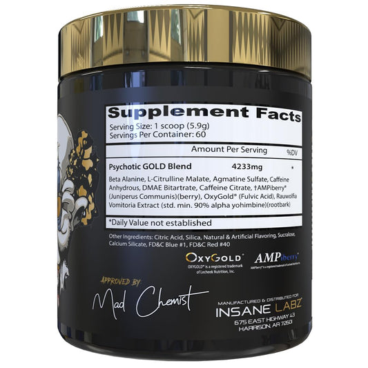 Insane Labz Psychotic Gold label close-up highlighting citrulline and agmatine formula for enhanced pumps