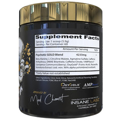 Insane Labz Psychotic Gold label close-up highlighting citrulline and agmatine formula for enhanced pumps
