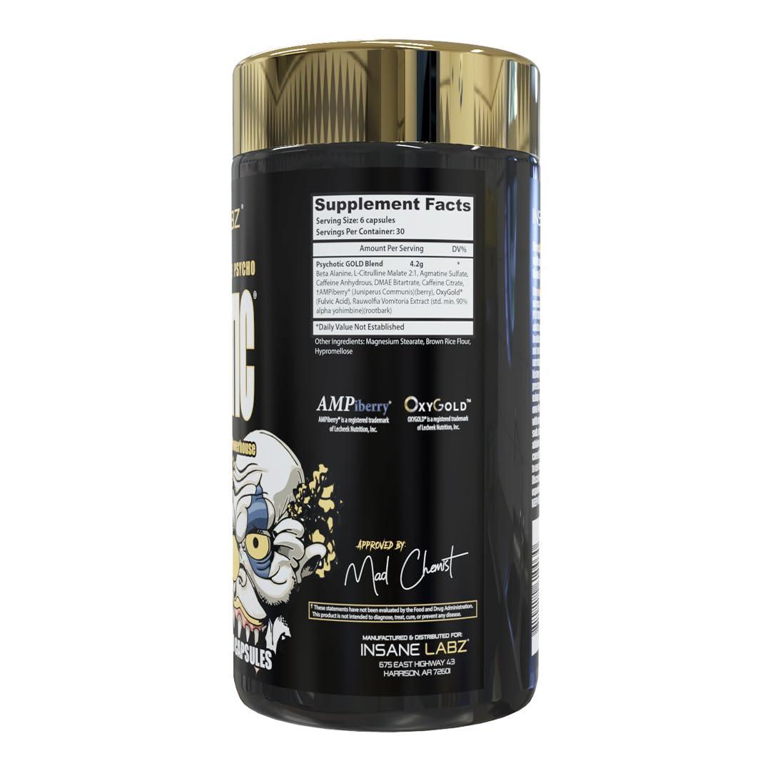 Insane Labz Psychotic Gold label close-up highlighting NO boosters and absorption.