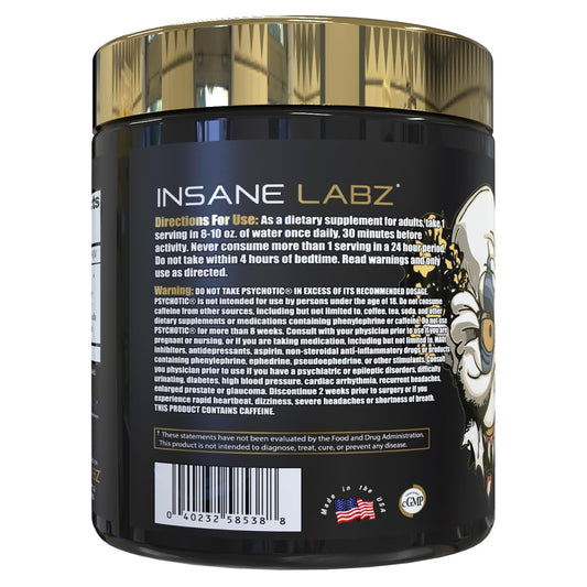 Psychotic Gold label close-up highlighting ingredients and energy formula benefits.