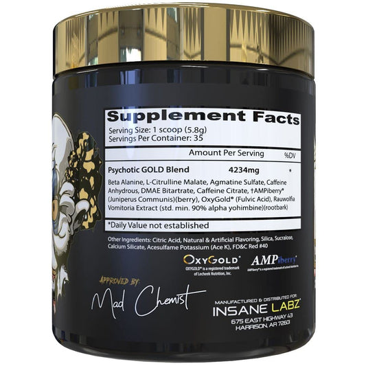 Scoop of Psychotic Gold powder beside the container for quick mix
