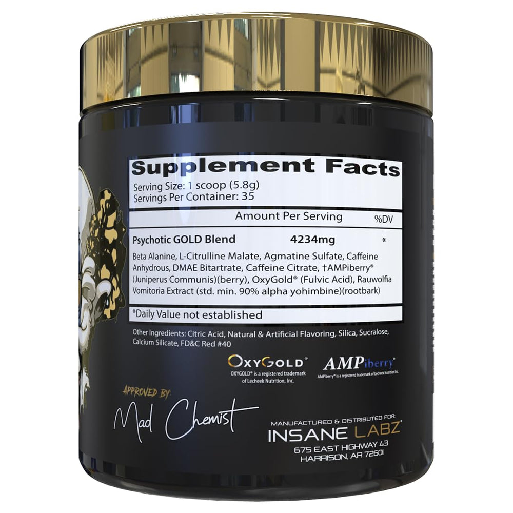Insane Labz Psychotic Gold serving scoop highlights easy daily dosing.