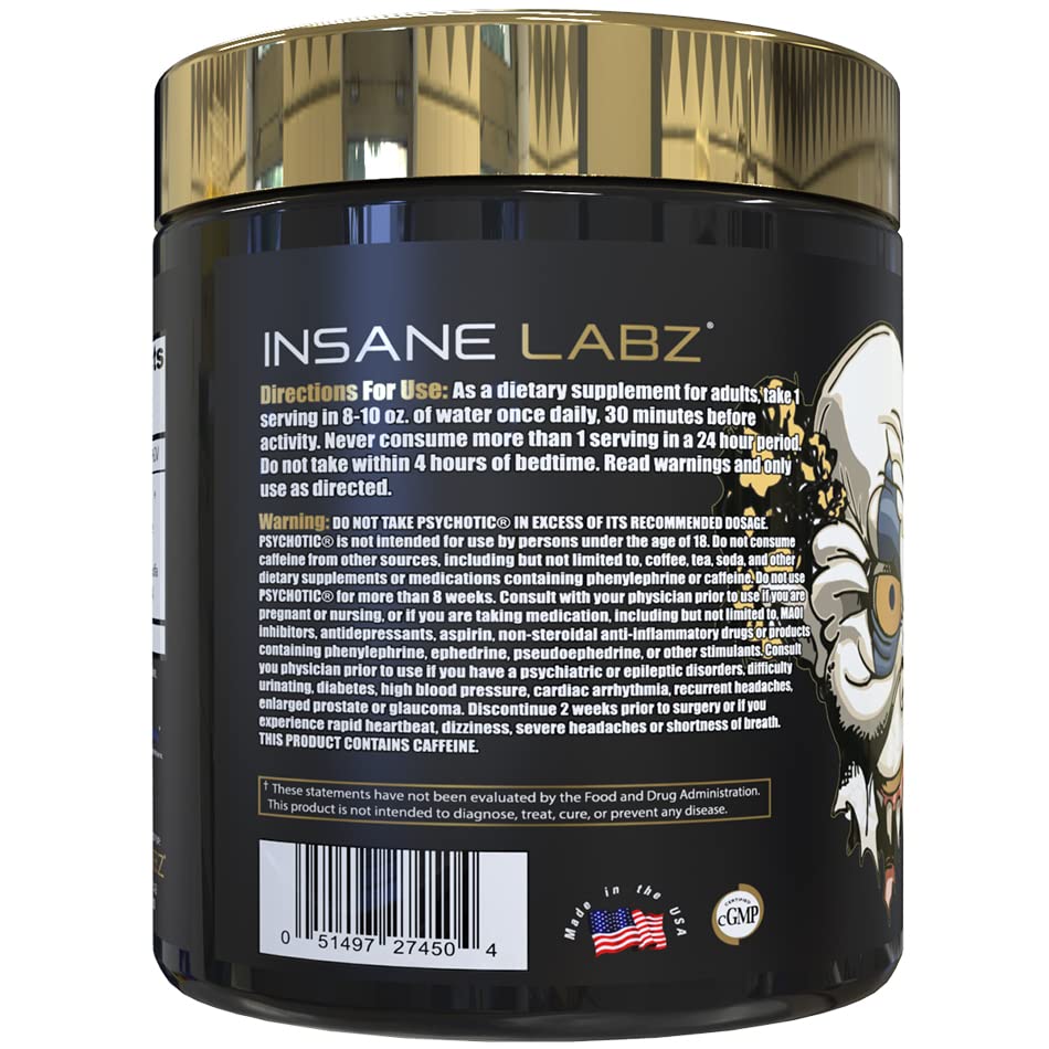 Psychotic Gold tub with label shows ingredients and serving size