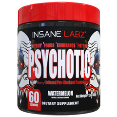 Insane Labz Psychotic powder can closeup highlighting premium energy for intense workouts.