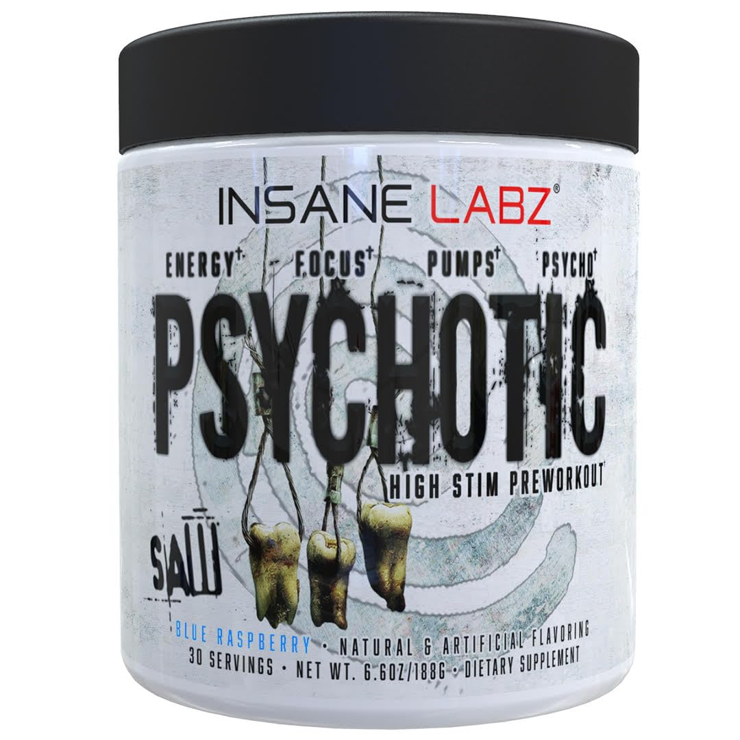 Insane Labz Psychotic SAW blue raspberry bottle for high-energy workouts
