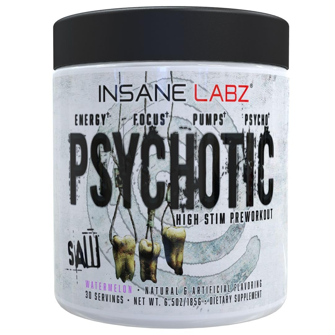 Insane Labz Psychotic SAW bottle opened for intense pre-workout energy.