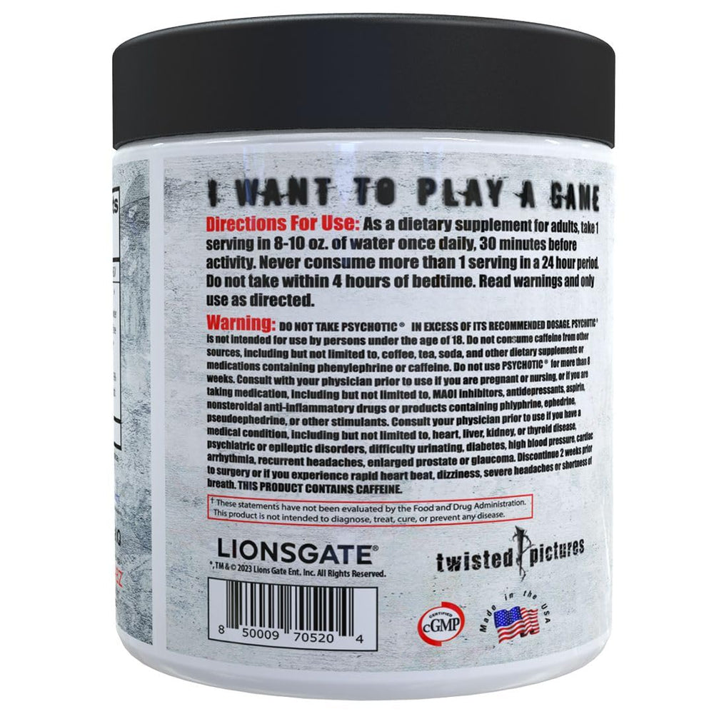 Psychotic SAW canister on gym bench highlighting the formula.
