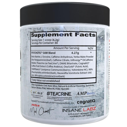 Close-up of Psychotic Saw label highlighting brand and ingredients