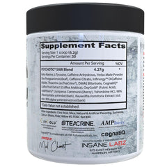 Close-up of Psychotic Saw label highlighting brand and ingredients