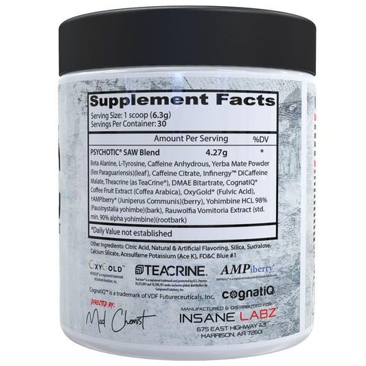 Insane Labz Psychotic SAW scoop beside label highlighting energy ingredients