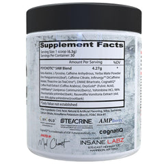 Insane Labz Psychotic SAW scoop beside label highlighting energy ingredients