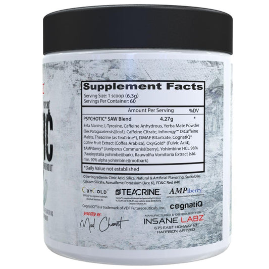 Psychotic SAW scoop inside reveals easy dosing for explosive workouts and quick mixing.