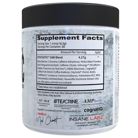 Psychotic SAW scoop poured into shaker for powerful training focus.