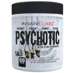 Insane Labz Psychotic SAW tub front shows a premium pre-workout formula for intense sessions.