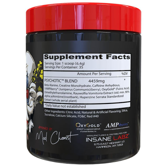 Insane Labz Psychotic scoop captures quick-dissolving formula for fast energy onset.